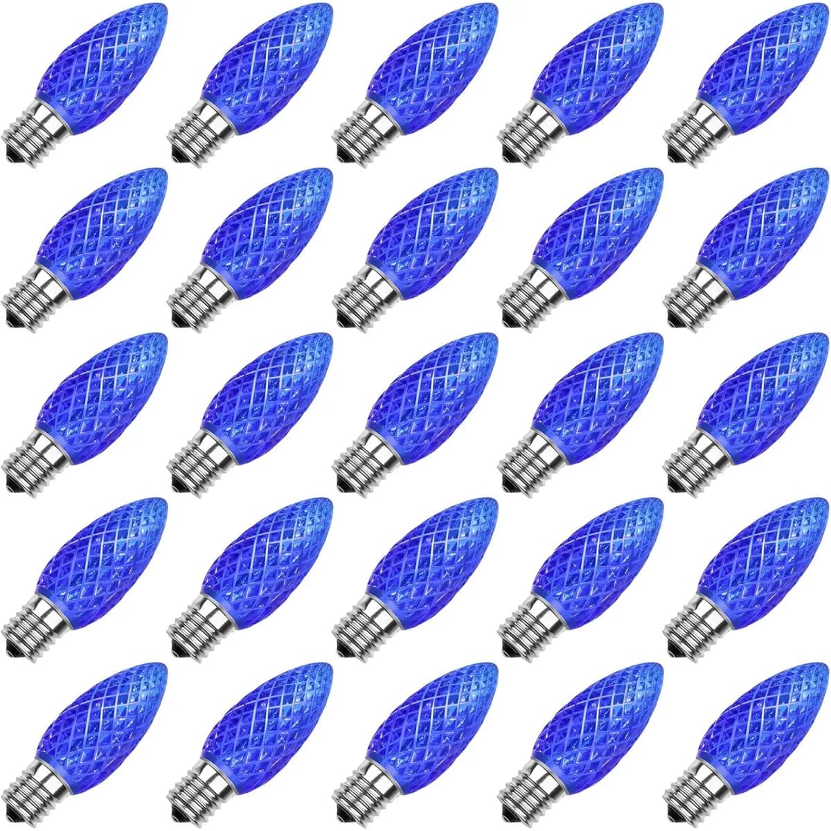 Blue C9 faceted LED Christmas bulbs with E17 base, 25 pack