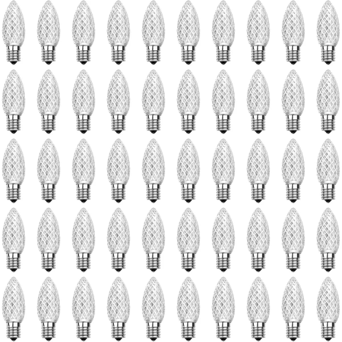 Cool white C9 faceted LED Christmas bulbs with E17 base, 25 pack