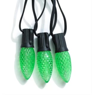 Green C9 LED bulbs screwed into a black socket line