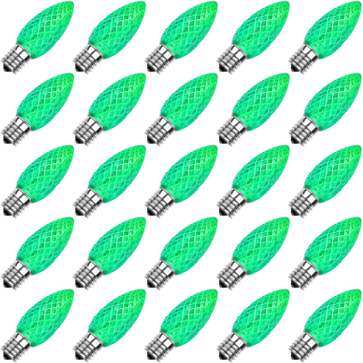 Green C9 faceted LED Christmas bulbs with E17 base, 25 pack