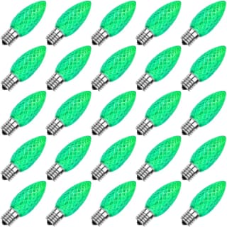 Green C9 faceted LED Christmas bulbs with E17 base, 25 pack