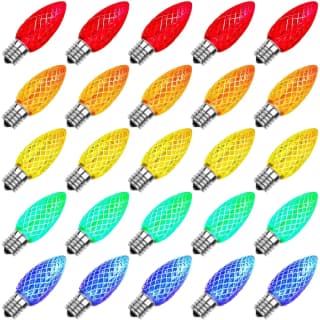 Multicolour C9 faceted LED bulbs, 25 pack: red, orange, yellow, green and blue