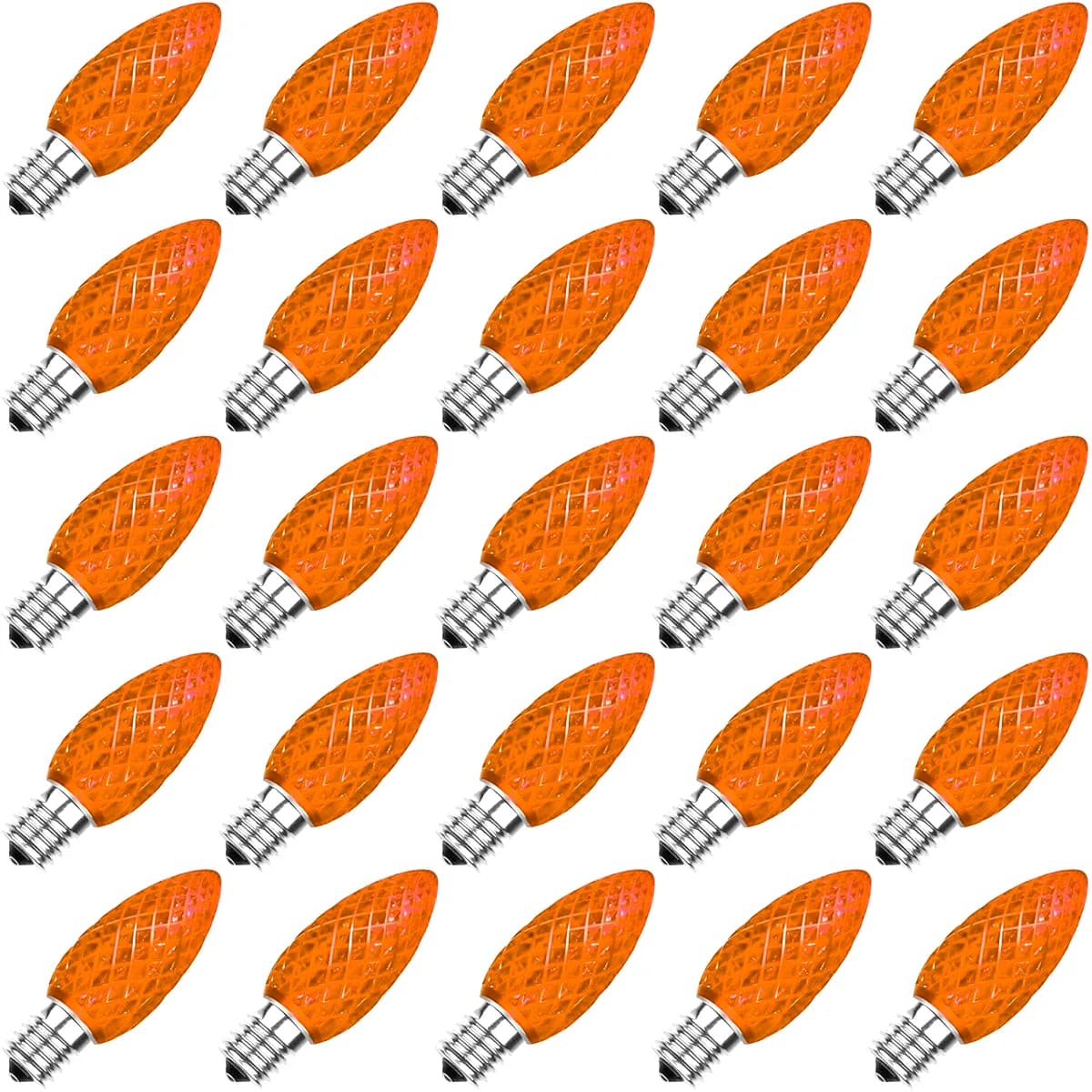 Orange C9 faceted LED Christmas bulbs with E17 base, 25 pack