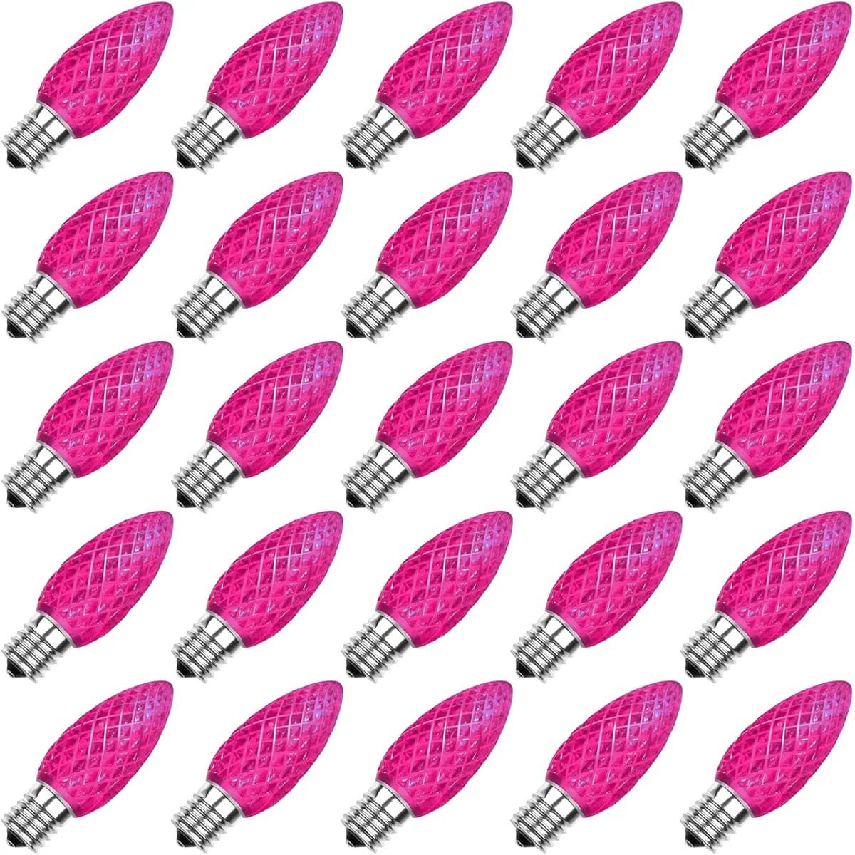 Pink C9 faceted LED Christmas bulbs with E17 base, 25 pack