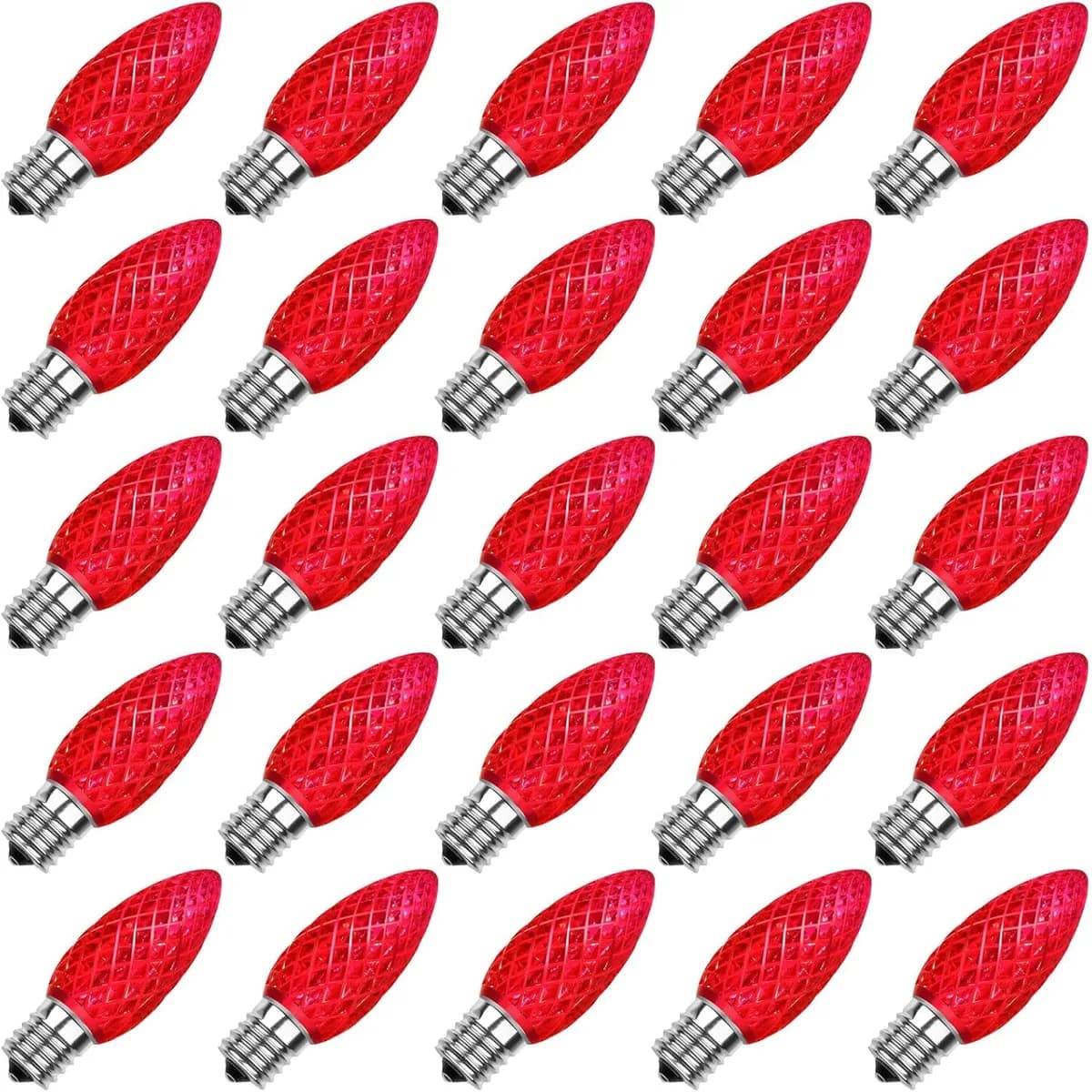 Red C9 faceted LED Christmas bulbs with E17 base, 25 pack