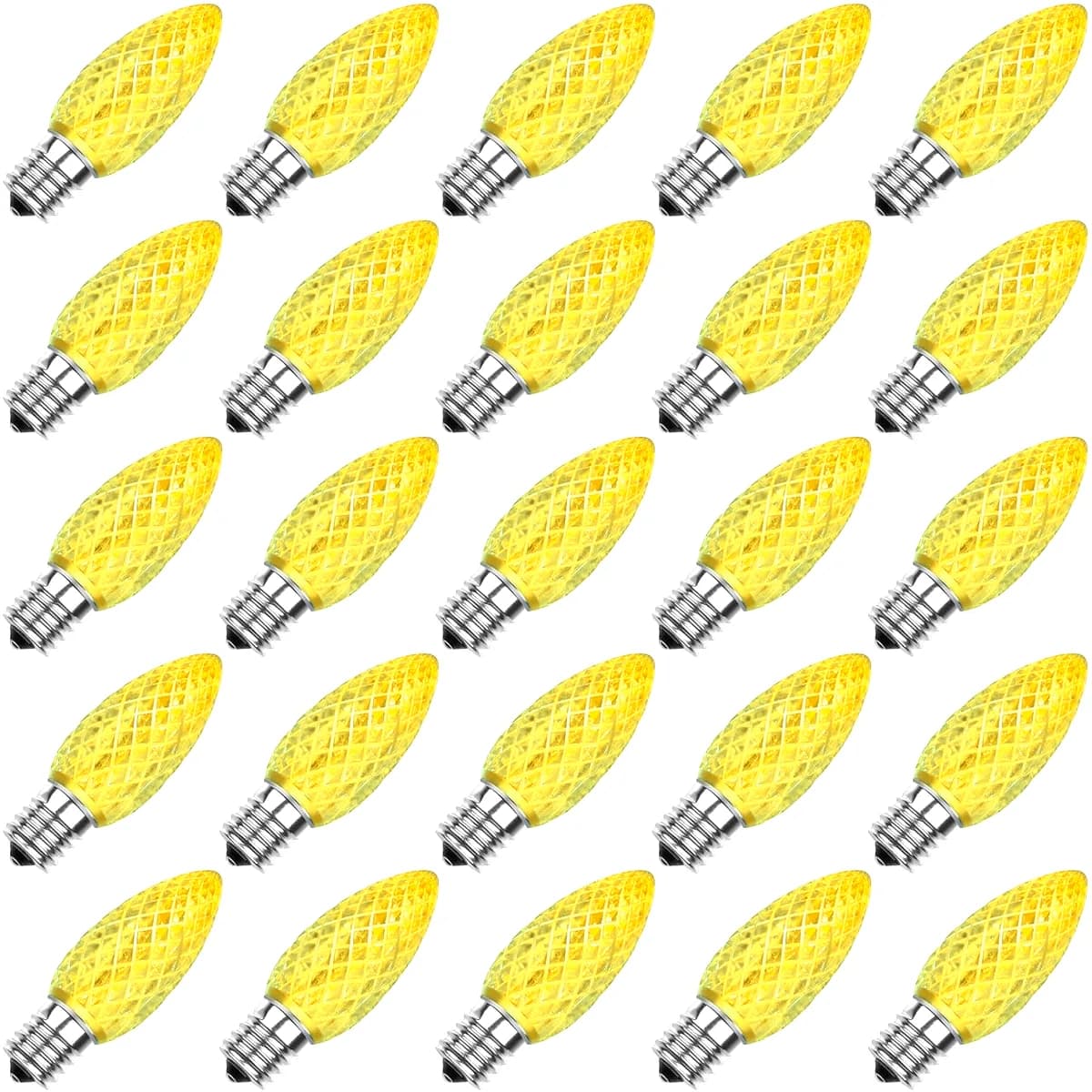 Yellow C9 faceted LED Christmas bulbs with E17 base, 25 pack